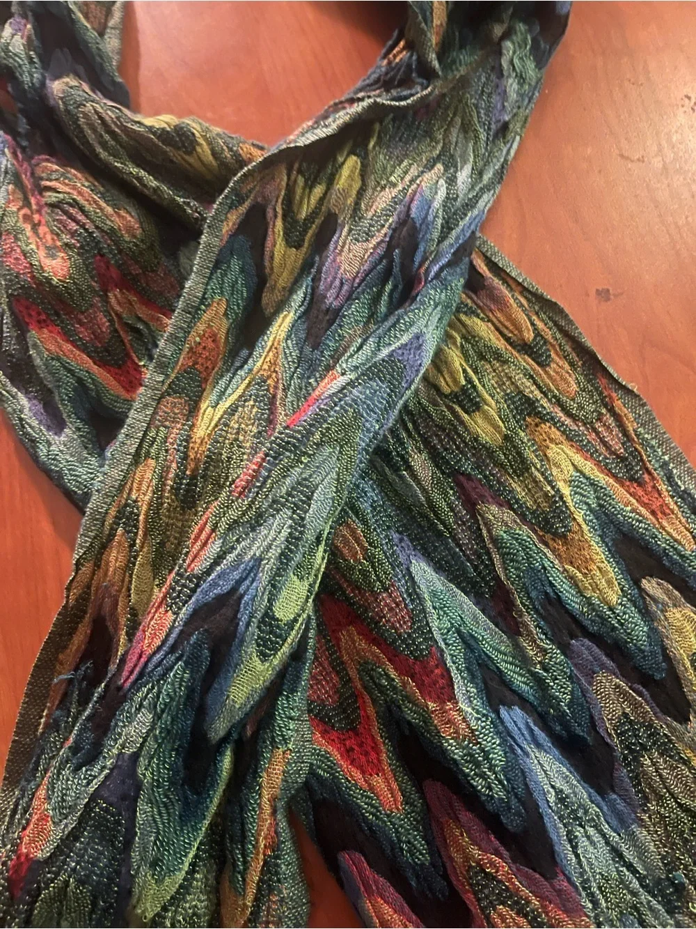 Multicolor Zigzag Knit Scarf with Green Dominance